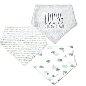 Rabbit & Bear ✦ Organic Baby Bib Set ✦ 3‑Pack Bandana Style Green Grey White NWT